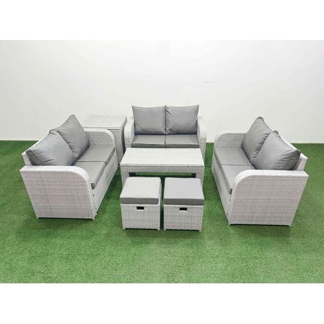 Fimous 8 Seater PE Wicker Rattan Furniture Sofa Sets with Oblong Coffee Table 2 Seater Love Sofa 2 Stool Side Table Light Grey (1/4)