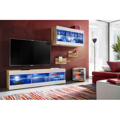 Komodee, Ensemble de Meubles Tivoli SET3,Wotan/Blanc, Largeur 240cm x Hauteur 159 cm x Profondeur 35 cm, LED Bleu, pour Salon, Chambre à coucher (1/5)