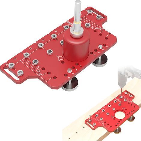 Dima 2 in 1 per perni e cerniere, guida per forare ripiani con allargatore da 35 mm, punte da trapano da 5 mm e 0,6 cm, dima per forare cerniere di armadi. (1/5)