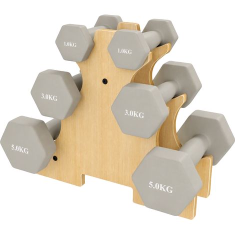 Haltères Fonte Hex 18 kg Kit 3 Paires, Antidérapants, Support Bois, Musculation Maison, Teinte Gris Clair (1/5)