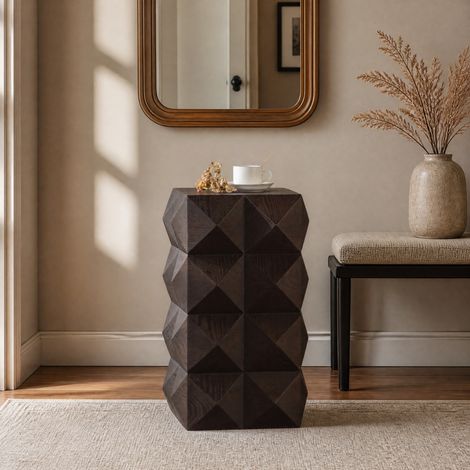 Comodino tavolino laterale vintage in legno e MDF con motivo goffrato 3D marrone OKWISH (1/5)