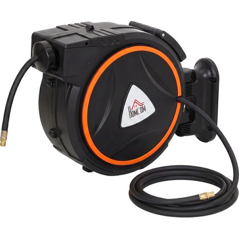 HOMCOM carrete de manguera de aire comprimido automático de 20 m+2 m, conector de 1/4'' BSP, con soporte para pared giratorio 180°, negro (1/5)