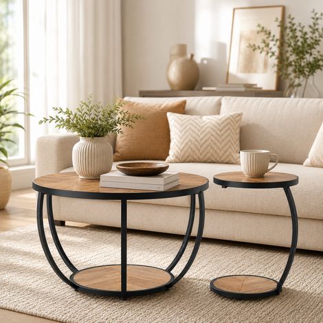 WUMAGIN - Table basse ronde 2 niveaux (Lot de 2) - Matériaux en bois massif et en métal - Design moderne pour salon - Idéal pour les salons, les bureaux et les salles d'étude - Couleur bois