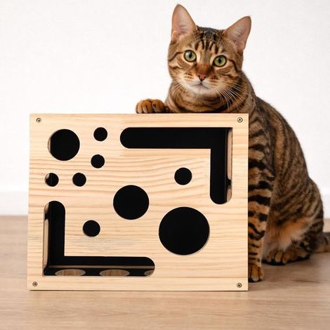 Interaktive Krallenfeile/Kratzbaum aus Holz für Katzen – diese stressabbauende Krallenfeile ist für Wohnungskatzen konzipiert und hat die Maße 30 x 25 x 8 cm. (1/5)