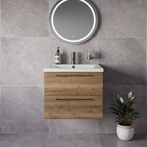 Napoli 460 Tobacco Oak 600mm Wall Mounted 2 Drawer Vanity Unit with Glide Basin - 600mm - Gunmetal Grey 320mm Handle