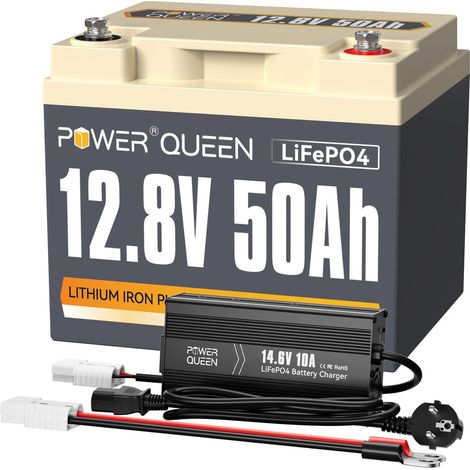 Power Queen – Batterie Lithium 12V 50Ah 640Wh LiFePO4 – Chargeur 10A inclus – Compatible systèmes solaires et véhicules électriques – Poids 5,25 kg