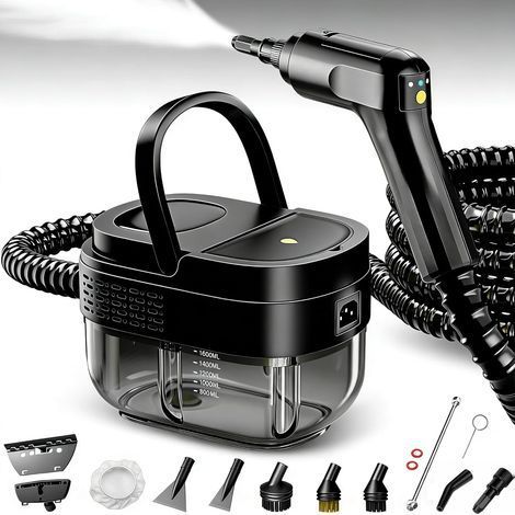 Pulitore a Vapore 2500W, Serbatoio d'acqua da 1600ML, Maniglia regolabile in 3 posizioni, Alta temperatura 105℃ e pressione 3 bar, Riscaldamento rapido in 15s, 10 accessori, per auto, cucina (Nero) (1/5)
