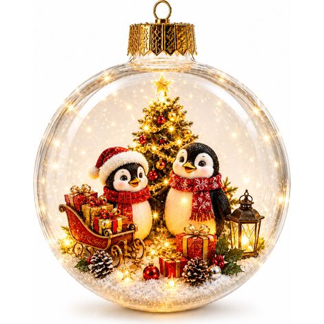 Boule à neige lumineuse 3D en acrylique transparent, décoration de Noël avec un adorable pingouin à suspendre au sapin pour calendrier de l'Avent (1/5)