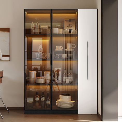 Armoire vitrée moderne blanc et noir 110,5×35×160 cm, porte vitrée, LED, tiroir coulissant et roulettes intégrées
