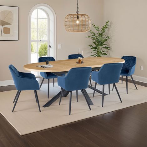 Table extensible 180-300cm + 6 chaises velours bleu - VENTER