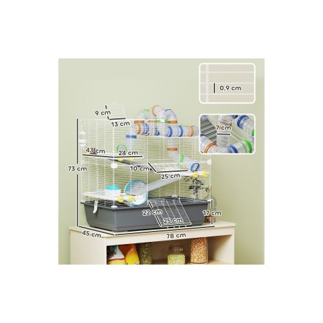 Cage pour hamster nain, 4 niveaux, système de tunnels, abri, accessoires, ouverture sur le dessus, 78 x 45 x 73 cm, Gris (1/5)