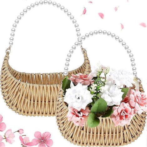 Set aus 2 Rattan-Körben mit Perlmuttgriffen, kleine halbmondförmige Weidenkörbe für Brautjungfern, Picknicks oder Gärten. (1/5)