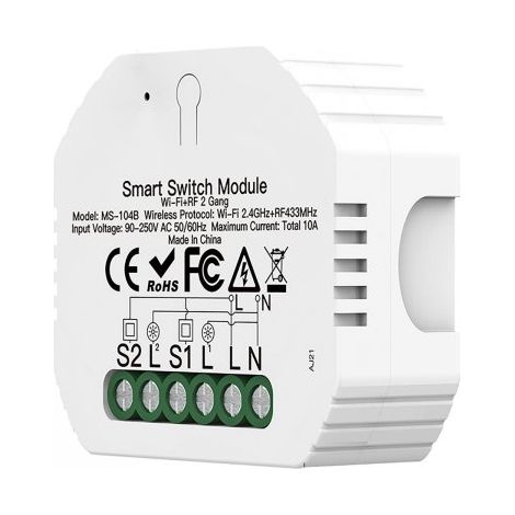 Relè Passo Passo Interruttore WIFI 2.4G+BLE+RF 433MHz, 2 Canali, Bluetooth BLE Mesh TUYA, Smart Life, 10A, AC 90-250V, 50/60HZ, 2200W, 53X48X18mm, IP20, SHB104B