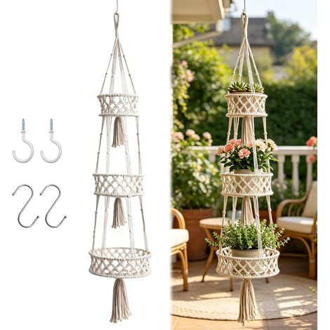 Suspension à macramé pour Plantes, Panier Suspendu 3 Niveaux en Corde de Coton, Support pour Plantes avec Crochet, Pot Suspendu Boho pour intérieur Balcon Jardin, Panier décoratif