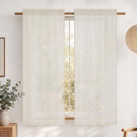 Rideaux Cuisine - Rideau Voilage Lin Court Demi Transparent Décoration de Maison pour Petite Fenêtre Passe Tringle, Largeur 60cm sur Hauteur 150cm, 2 Pièces, Lin Naturel (1/5)