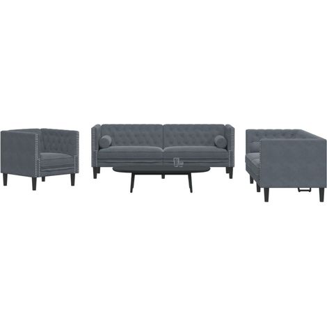 3-tlg. Chesterfield-Sofa-Set mit Nackenrollen Dunkelgrau Samt