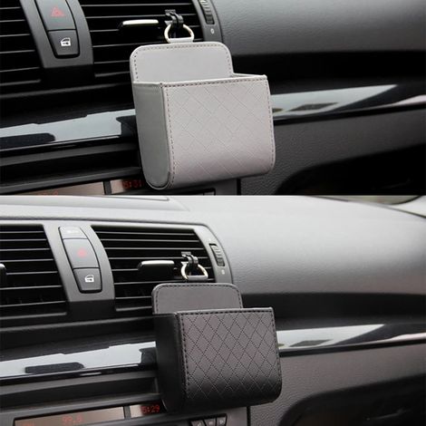 Organisateur de rangement pour grille d'aération de voiture : sac de rangement avec porte-lunettes de soleil, support de téléphone, porte-monnaie et porte-cartes avec crochet. (1/4)