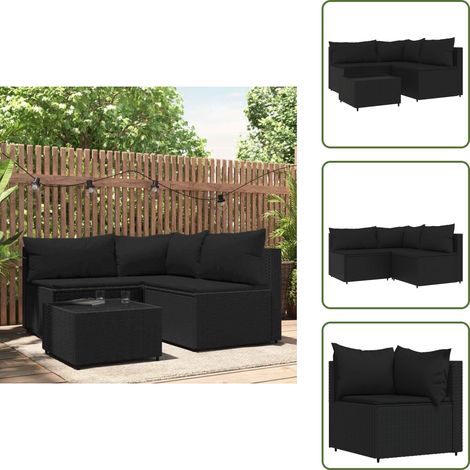 Salon de jardin 4 pcs avec coussins Noir Résine tressée - Salon De Jardin - Mobilier Extérieur - Canapé D'angle - Set De Jardin - Table Basse (1/5)