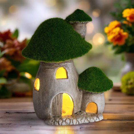 LED Pilz Haus aus Ton mit Dach aus Kunstrasen - 19 cm - Deko Feenhaus warm weiß beleuchtet Batterie betrieben