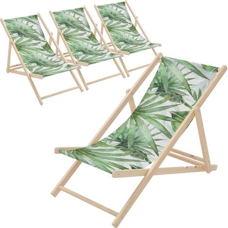 ECD Germany 4x Sedia a Sdraio Pieghevole in Legno con Tessuto Traspirante Palma Verde-Bianco, Schienale Reclinabile in 3 Posizioni, Lettino Relax con Portata 120 kg per Spiaggia, Giardino e Terrazza