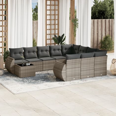 11-tlg. Garten-Sofagarnitur mit Kissen Grau Poly Rattan (1/3)