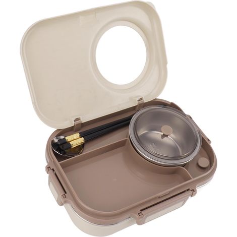 Boîte à lunch en acier inoxydable beige étanche, avec bol à soupe, cuillère et baguettes, idéale pour le camping et les pique-niques. 3 compartiments, 1100 ml. (1/5)