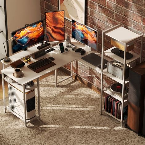Schreibtisch mit Regal und Ladestation Eckschreibtisch Weiß OKMYHOME (1/4)