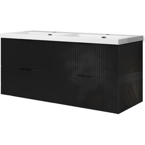 Meuble de salle de bain suspendu 120 cm, 4 tiroirs, avec vasque blanche,MDF noir brillant