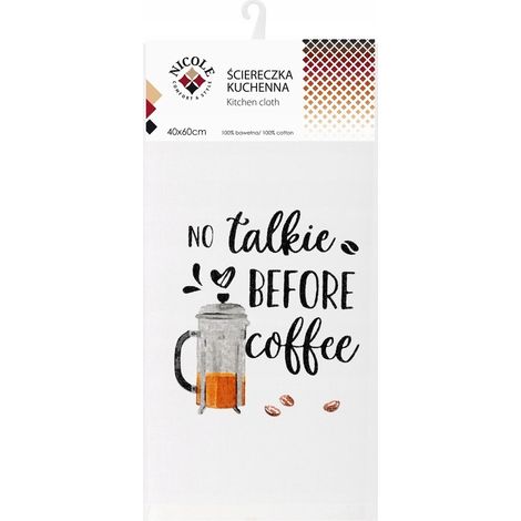 NICOLE Küchenhandtuch aus Baumwolle, 40 x 60 cm, Art.-Nr. 52381, weißes Tee-Ei mit der Aufschrift „No talkie before coffee“