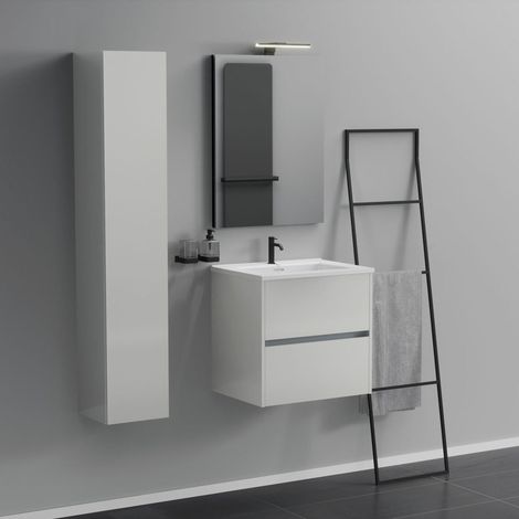 Inda - Badezimmerschrank 2 Schubladen L.60 mit Spiegelwaschbecken und Lampe - Glänzendes Weiß