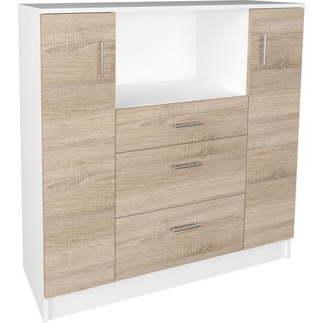 Ebuy24 – Armoire de cuisine commode micro-ondes 110x109x40 cm – Matériau métal robuste – Deux portes tournantes avec six compartiments – Trois tiroirs