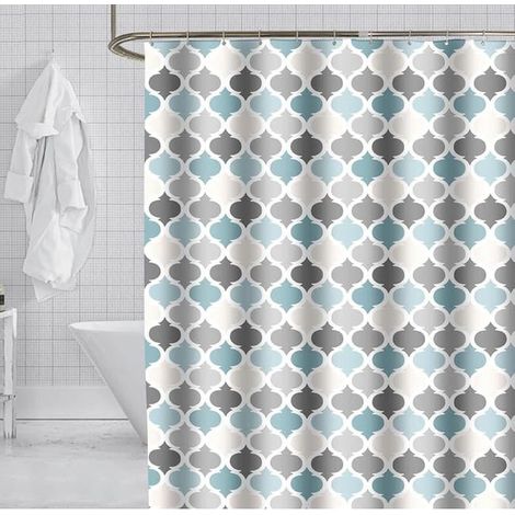 Cortina de ducha antimoho, cortinas de baño, tejido de poliéster con 12 ganchos, lavable a máquina, estampado azul, 180 x 200 cm (ancho x alto). (1/5)