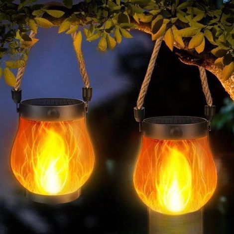 Illuminazione solare da giardino, set da due pezzi, lanterna da esterno 13 x 13 cm, lanterna sospesa con fiamma danzante per uso esterno, lampada a fiamma in corda di canapa, campeggio (1/5)
