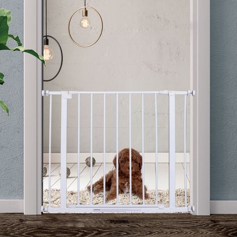 Barrière de sécurité extensible pour animaux de compagnie, montage facile par fixations à pression, acier robuste thermolaqué, blanc, 76 x 76–82 cm (1/5)