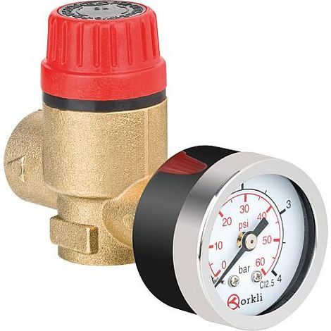Soupape de securite chauffage fem/fem DN15(1/2") x DN15(1/2") + manometre (1/2)