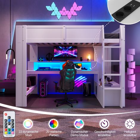 Lit surélevé 90x200 cm, gaming, bureau, LED, tiroir, étagères, sans matelas, blanc, chambre ado, petit espace, gain de place. (1/5)