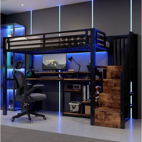 Hochbett 90x200 cm aus Metall und MDF, schwarz, mit Schreibtisch, platzsparend – MEUBLIV (1/5)