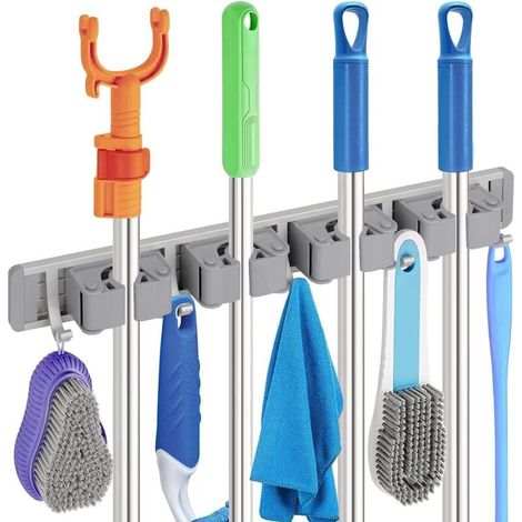 Broom Holder with Four Aluminum Hooks, Wall Mount, Broom Holder, Mop Hook, Wall Mount, Metal Organization, 1 Piece MUMU (1/4)