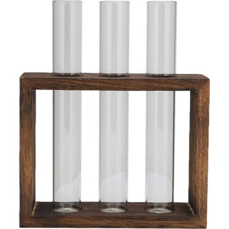 Tabletop Glass Tube Vase High Borosilicate Glass Pine Wood Frame Retro Tube Plant Vase for Hydroponic Plants Home Decoration3 Bottles