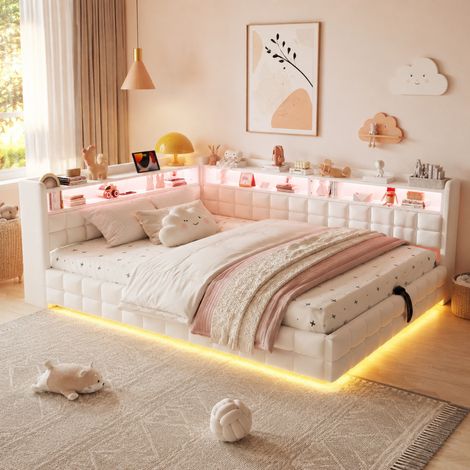 Letto contenitore 140 x 200 cm capitonné con LED, prese USB e Type-C, beige OKMYHOME (1/5)