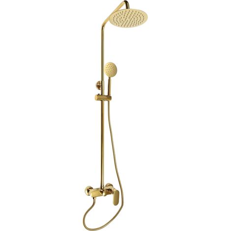 HAUTOUR Ensemble de Douche Murale Doré Brossé, Jet de Pluie Rond SUS304 Pressurisé à l’Air, Tige Hauteur Réglable, Raccord G1/2'' pour Salle de Bain