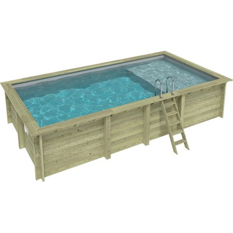 Piscina in legno AQUA 7 x 3.75 – H.1.45 m con spiaggia, grigio, Su telaio - senza cementazione - BAS7308OSPU2+PLA308