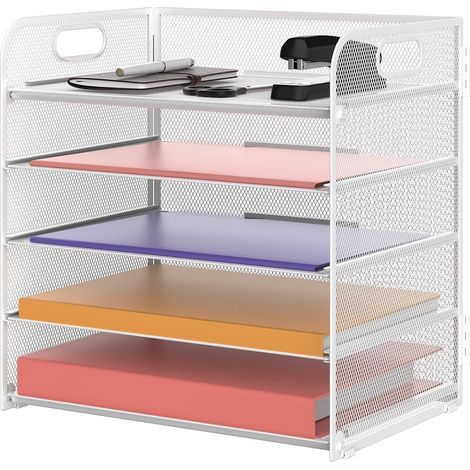Étagère de rangement à 5 niveaux  avec poignées, organiseur de bureau en treillis métallique, blanc (1/5)