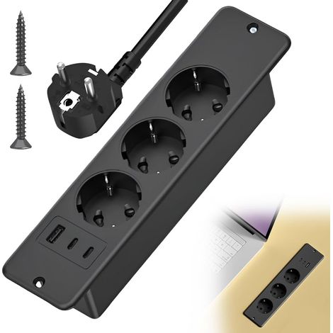 Multiprise encastrable avec USB et type C, 6 en 1, multiprise encastrable, plateau de table encastré avec câble de 2 m, multiprise pour bureau, noire (1/5)