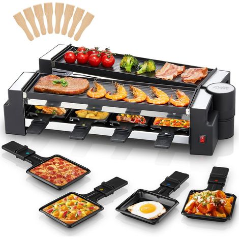 Appareil a Raclette , Rotative Appareil Raclette 8 Personnes avec Plaque de Cuisson Antiadhésive et 8 Plaques à Fromage, 1400 W, Acier Inoxydable Mat, pour la Maison et Les Fêtes (1/5)
