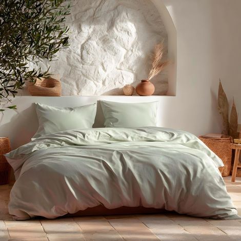 Ensemble de Housse de Couette pour Lit 80/90, Unie 100% Coton, Housse de Couette 150x220 cm et Taie d'oreiller, Respirante, Douce, Couleur Eau (1/5)
