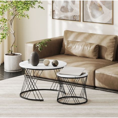 Couchtisch-Set Geschachtelt 70/44,5 cm Weiß In Marmoroptik, Runde Platten, Geometrisches Metallgestell (1/5)