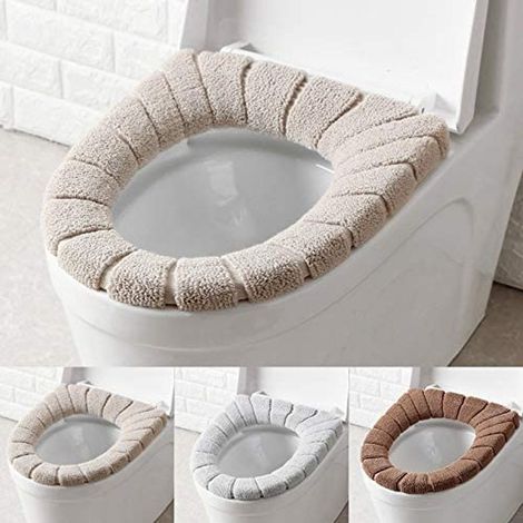3 Housses de siège, tricot acrylique extensible, lavable réutilisable, pour toilettes rondes ovales (1/5)