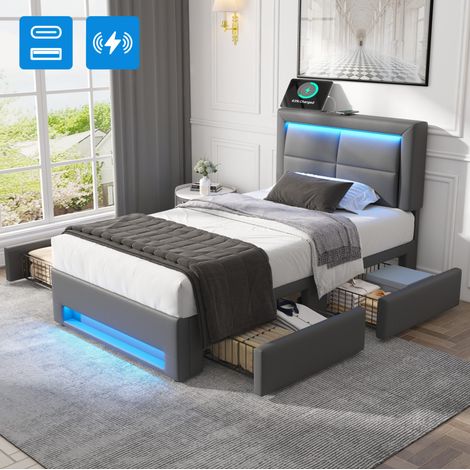 Polsterbett 90/200 cm grau aus PU mit LED, USB-Ladefunktion und 4 Schubladen (1/5)