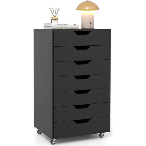 COSTWAY Cassettiera da Ufficio con 7 Cassetti, Mobiletto per Documenti con 4 Ruote Girevoli, Cassettiera da Scrivania in Legno per Ufficio e Soggiorno, 49 x 40 x 87 cm (Nero) (1/5)